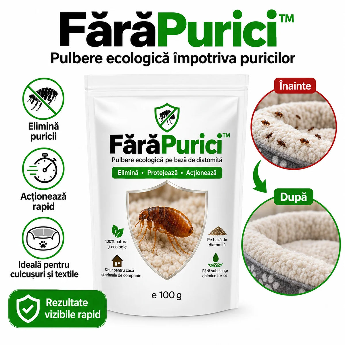 Pulbere profesională ecologică pe bază de diatomee pentru combaterea puricilor - FărăPurici™