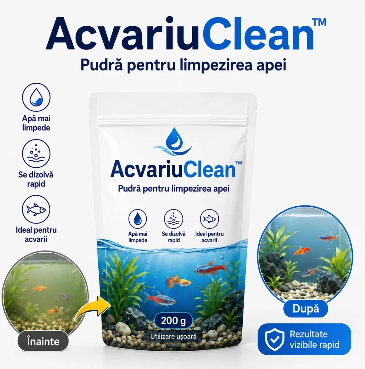AcvariuClean™ – Pudră pentru curățarea și limpezirea apei din acvarii